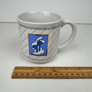 Vtg Easter Spring Bunny Rabbit White Ceramic Mug Blue‎ Gold Accent Dots Stripes